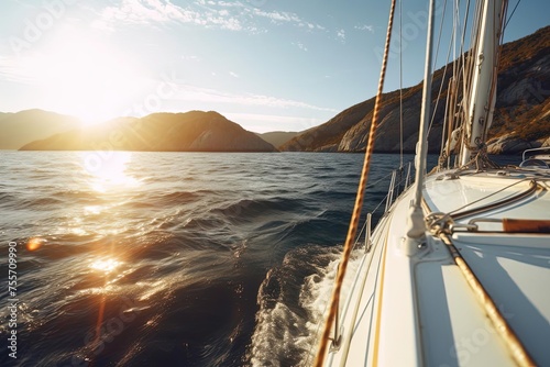 Ocean View from Sailboat with Blue Sky and Mountain Backdrop - Golden Hour Bliss