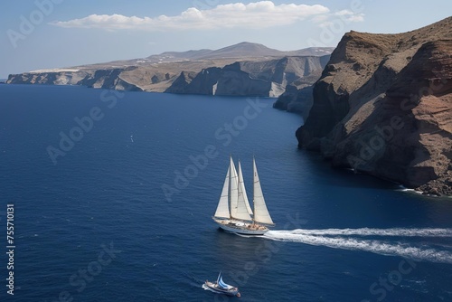 Neoclassical Sailboat Sailing in Ocean near Cliff, Blue Sky and Clouds