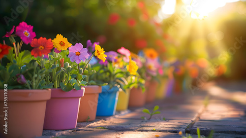 Colorful pansy flowers in flowerpot on the ground at sunset