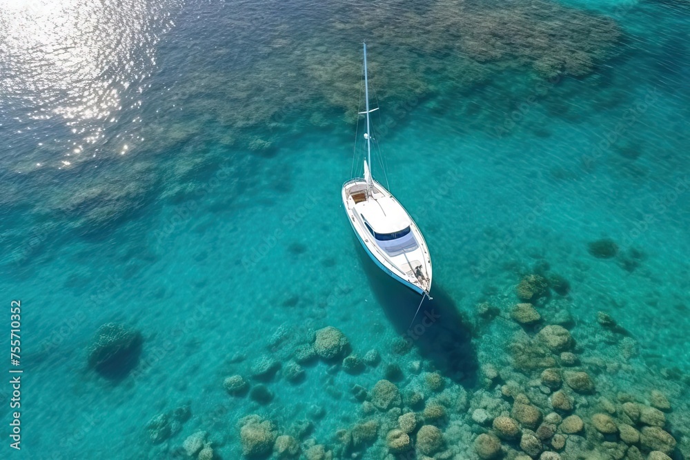Beautiful Floating Boat in Turquoise Waters with Reef | Stunning Photo Beautiful Floating Boat in Turquoise Waters with Reef | Stunning Photo