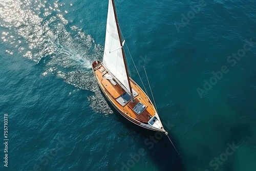 Beautiful Craftsmanship of Wood Sailboat Sailing in Ocean - Aerial View © João Queirós
