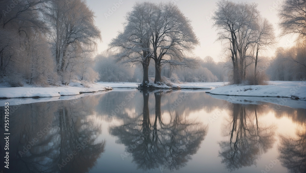 Tranquil Winter Reflections in a Snowy Forest Tranquil Winter Reflections in a Snowy Forest