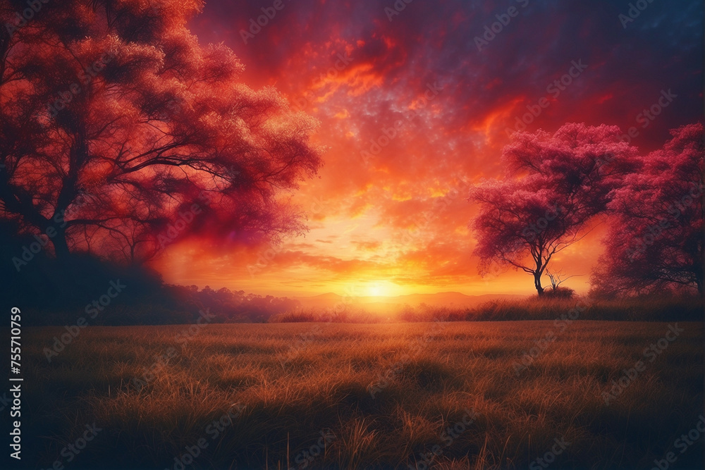 Vivid Sunset Over a Serene Field With Silhouetted Trees in Evening Twilight Vivid Sunset Over a Serene Field With Silhouetted Trees in Evening Twilight
