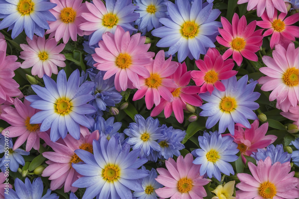 A Vibrant Display of Pink and Blue Spring Flowers A Vibrant Display of Pink and Blue Spring Flowers