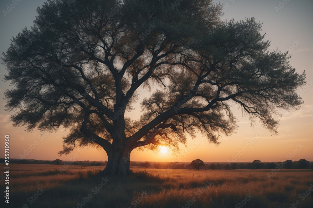 Tree Silhouetted Against Setting Sun in Field Tree Silhouetted Against Setting Sun in Field
