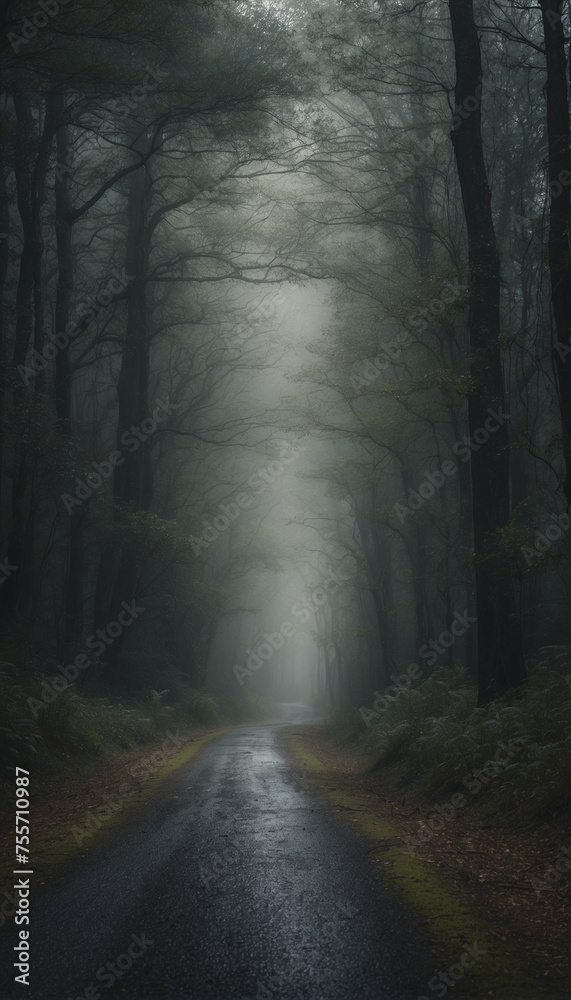 Naklejka premium Dark Road Cutting Through Forest