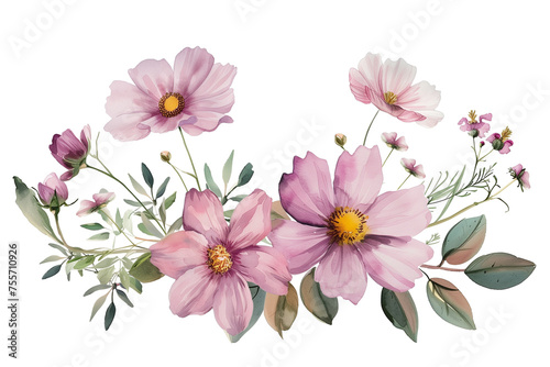 Beautiful cosmos flowers isolated on transparent background  PNG. Vintage watercolor with empty space for copy text. Flowers for wedding invitation and for postcard design