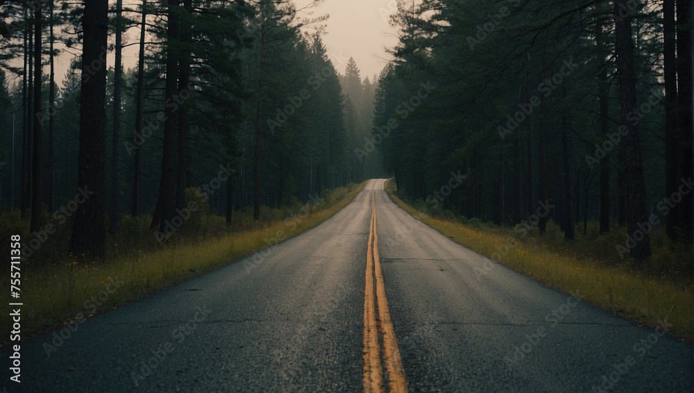 A Road Through Tall Trees in the Forest