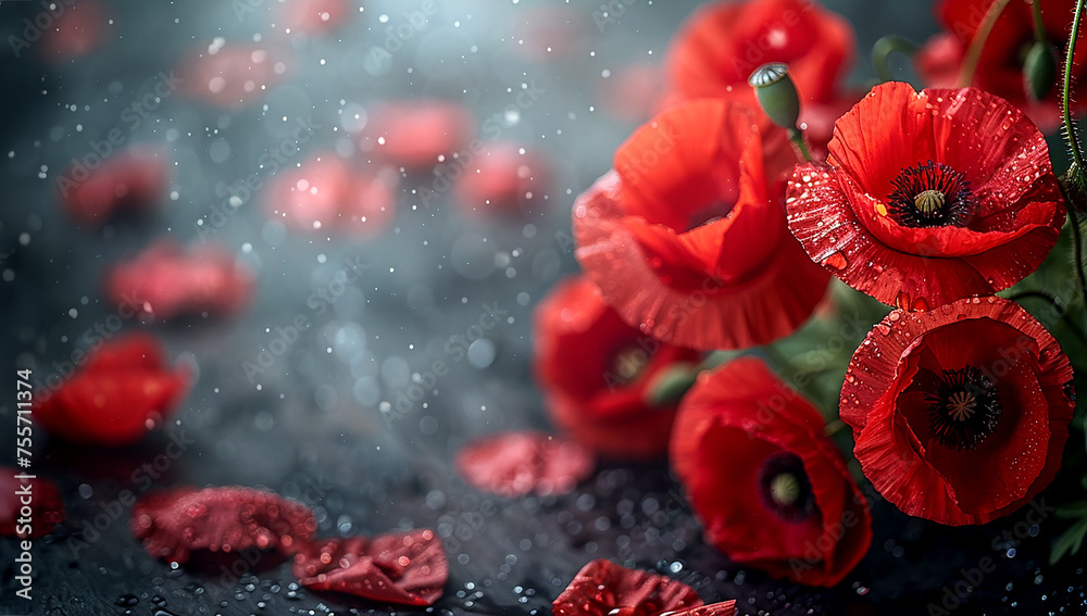 Red poppy flowers on a black granite background. The poppy is a symbol ...