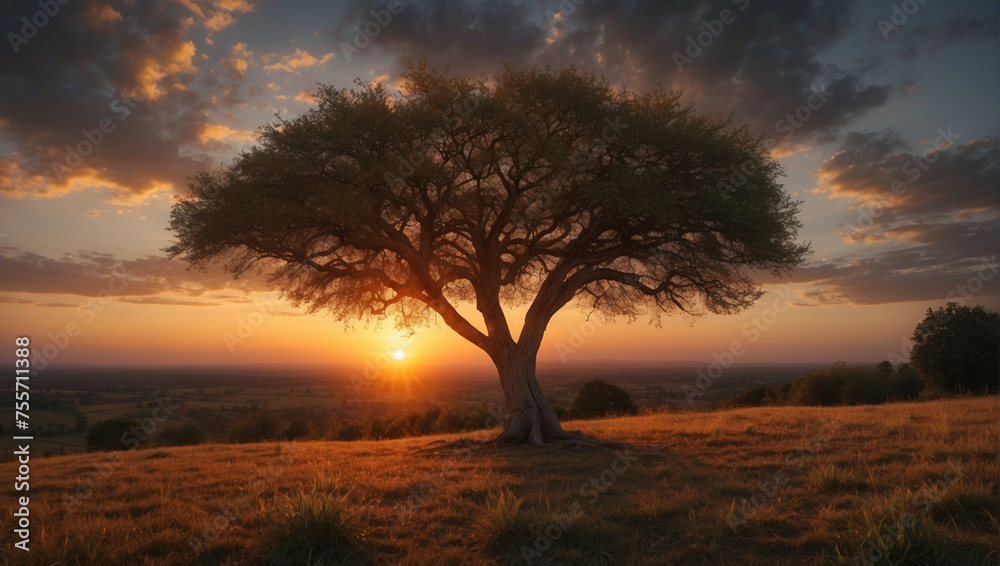 a Tree in Field at Sunset a Tree in Field at Sunset
