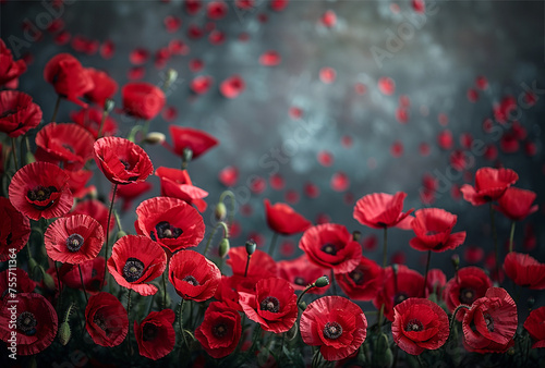 Red poppy flowers on a black granite background. The poppy is a symbol of memory of the fallen. Memorial Day in the USA. Copy space © Olya Komarova