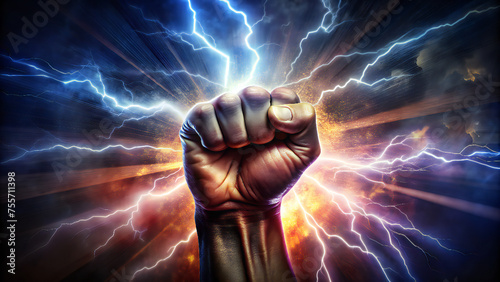 digital illustration of a fist with lightning emanating from it, colored in shades of yellow, orange, and red
