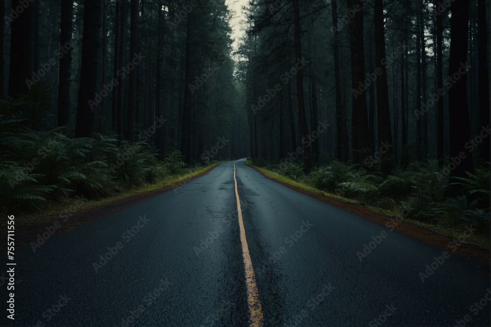 Fototapeta premium Empty Road Through Dark Forest