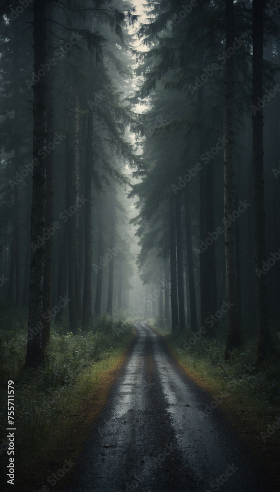 Fototapeta premium Road Cutting Through Dense Forest