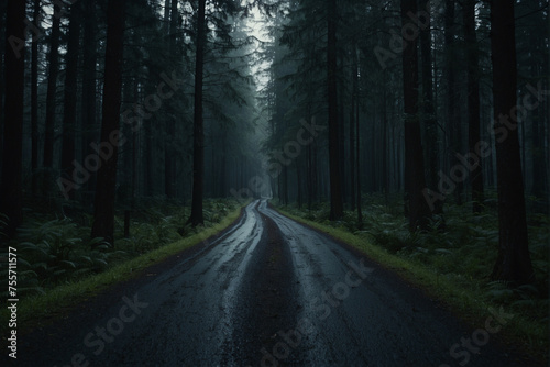 A Dark Forest Road After Rain