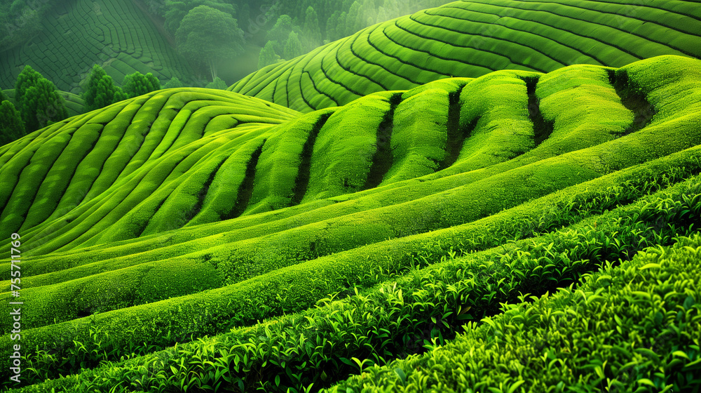 view of a tea plantation with green tea plants arranged in neat, curved rows