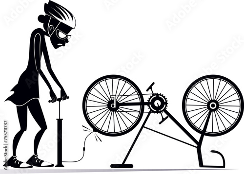 Cyclist woman and a broken bicycle. Cyclist woman inflates the wheel. 
Sportsperson repairs the bicycle. The cyclist young woman inflates the wheel on the bicycle. Black and white illustration

