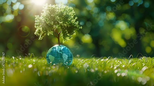 Globe with a tree on green grass, save the world concept.