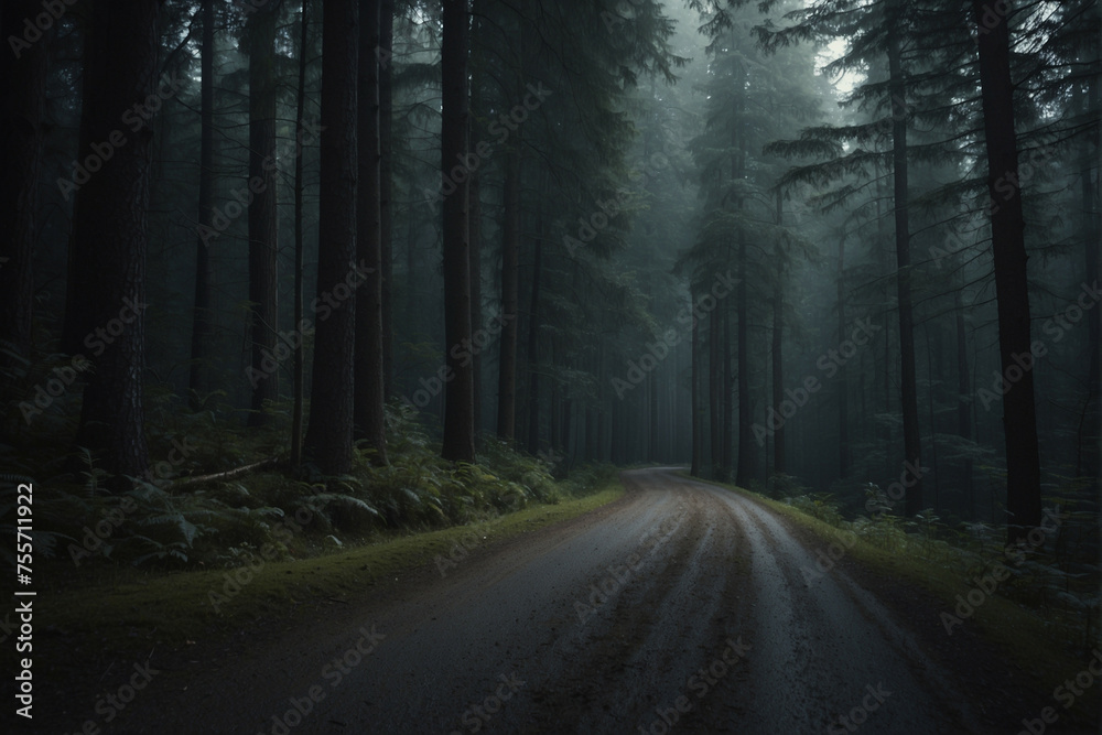 Fototapeta premium A Winding Forest Road on a Misty Day