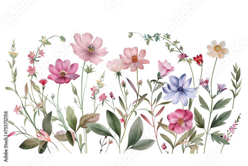 Beautiful wild flowers isolated on transparent background, PNG. Vintage Watercolor flowers border for wedding invitation and for postcard design
