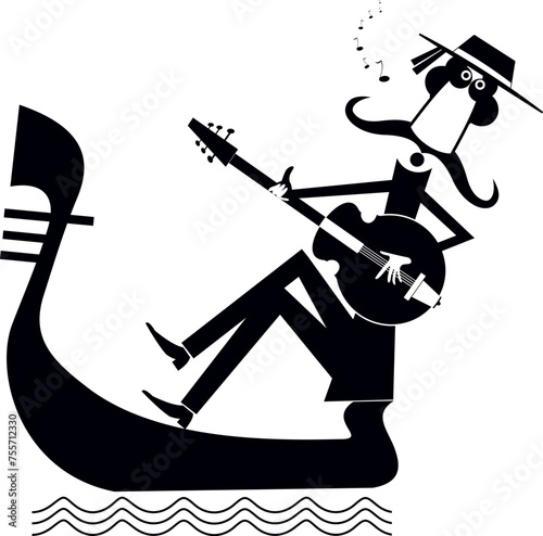 Man with guitar and gondola. 
Funny gondolier with long mustaches rides on gondola playing guitar and singing. Black and white
