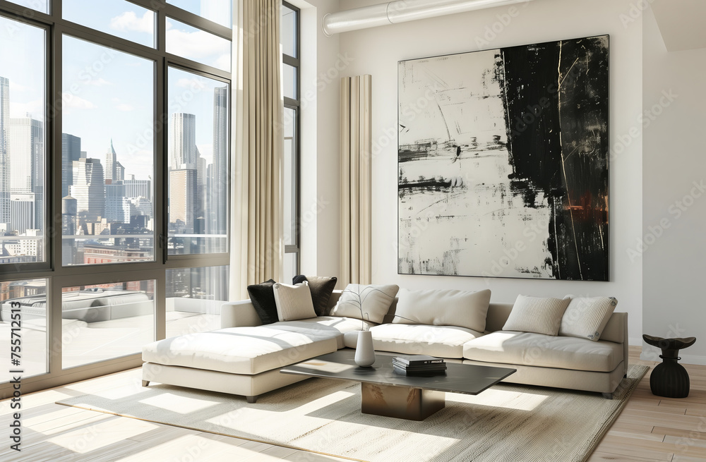 This modern, minimalist living room in an urban loft boasts expansive city views through floor-to-ceiling windows, complemented by a large abstract painting and sleek furnishings - obrazy, fototapety, plakaty 