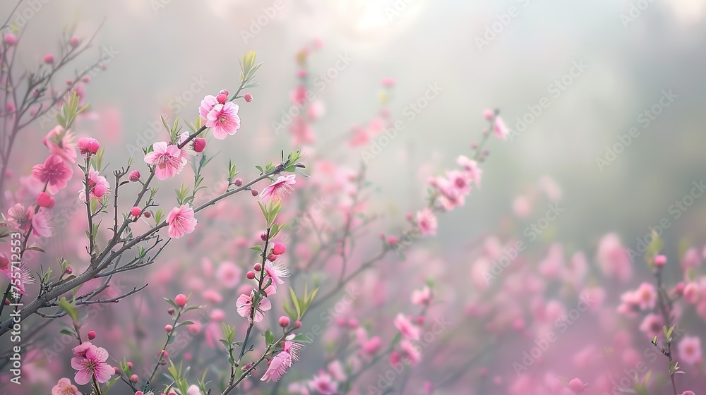 Spring Plum blossoms in haze. Pink flowers.,generative ai, 