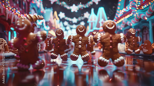 Holographic gingerbread men dancing merrily in a confectionary wonderland photo