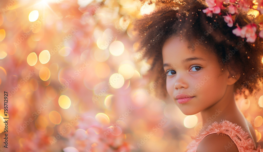 Shiny festive banner with happy smiling kid at carnival on bokeh background with copy space. Generative AI Shiny festive banner with happy smiling kid at carnival on bokeh background with copy space. Generative AI