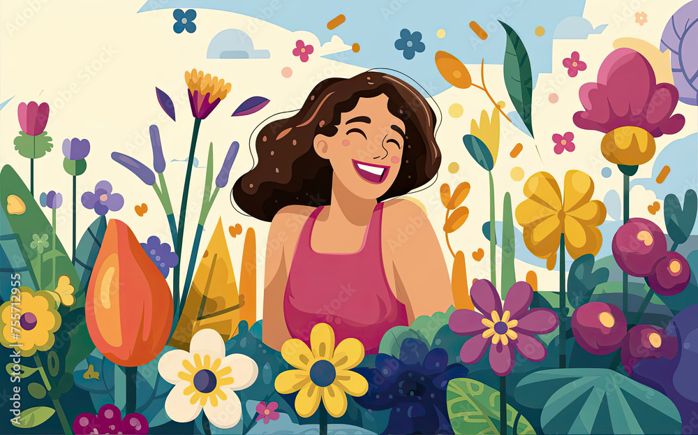 A beautiful woman surrounded by vibrant flowers under a sunny sky