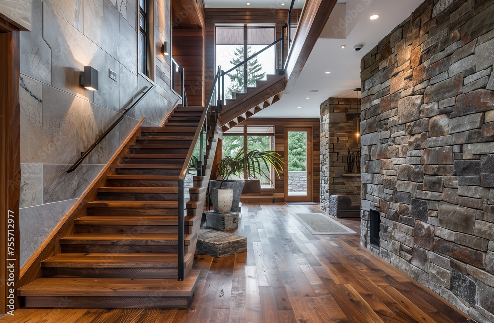 Luxurious Entrance Hall with Natural Elements. A spacious entrance hall with rich wooden stairs, stone accent walls, and expansive windows. Luxurious Entrance Hall with Natural Elements. A spacious entrance hall with rich wooden stairs, stone accent walls, and expansive windows.