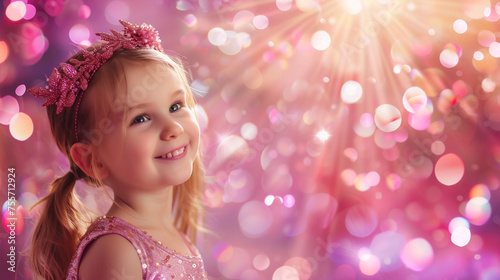 Shiny festive banner with happy smiling kid at carnival on bokeh background with copy space. Generative AI