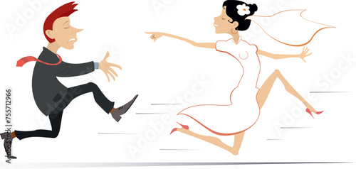 Married wedding couple. Bride runs away from the bridegroom.
Upset bridegroom trying to catch up a runaway bride. Running bride looks back and points a finger to the bridegroom trying to catch her
