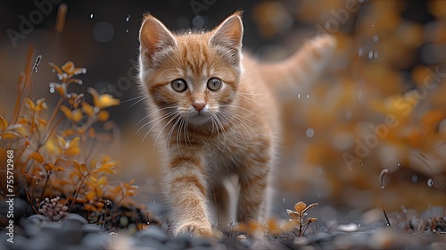 A kitten is walking through a field of yellow leaves