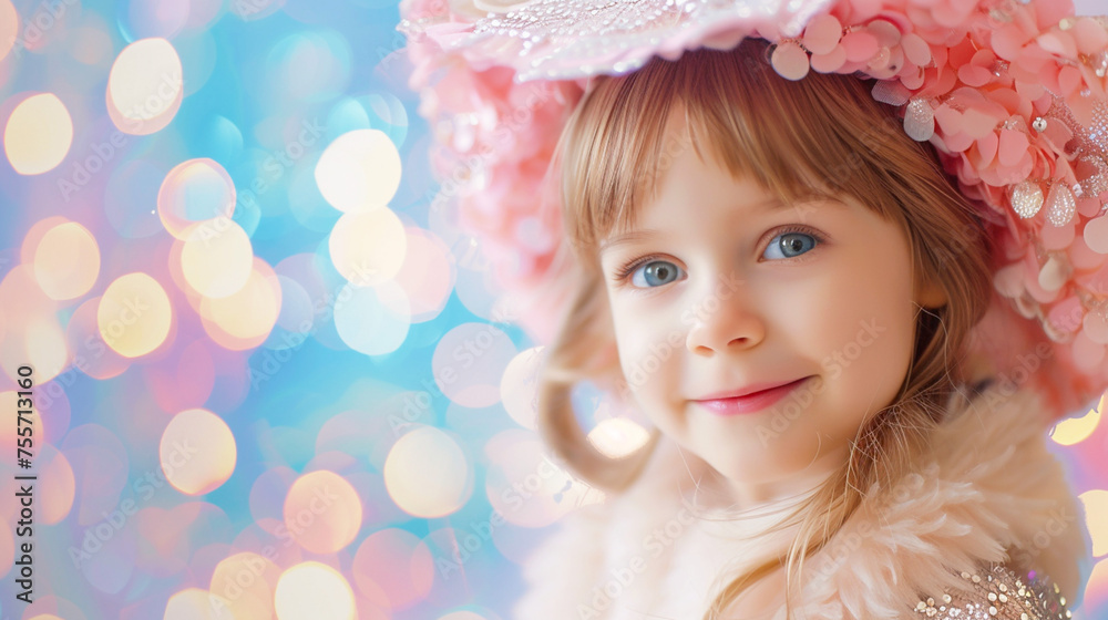 Portrait of a Joyful Young Girl with Big Blue Eyes Wearing a Pink Floral Hat and Fluffy Feathered Dress Against a Sparkly Bokeh Background.  Generative AI