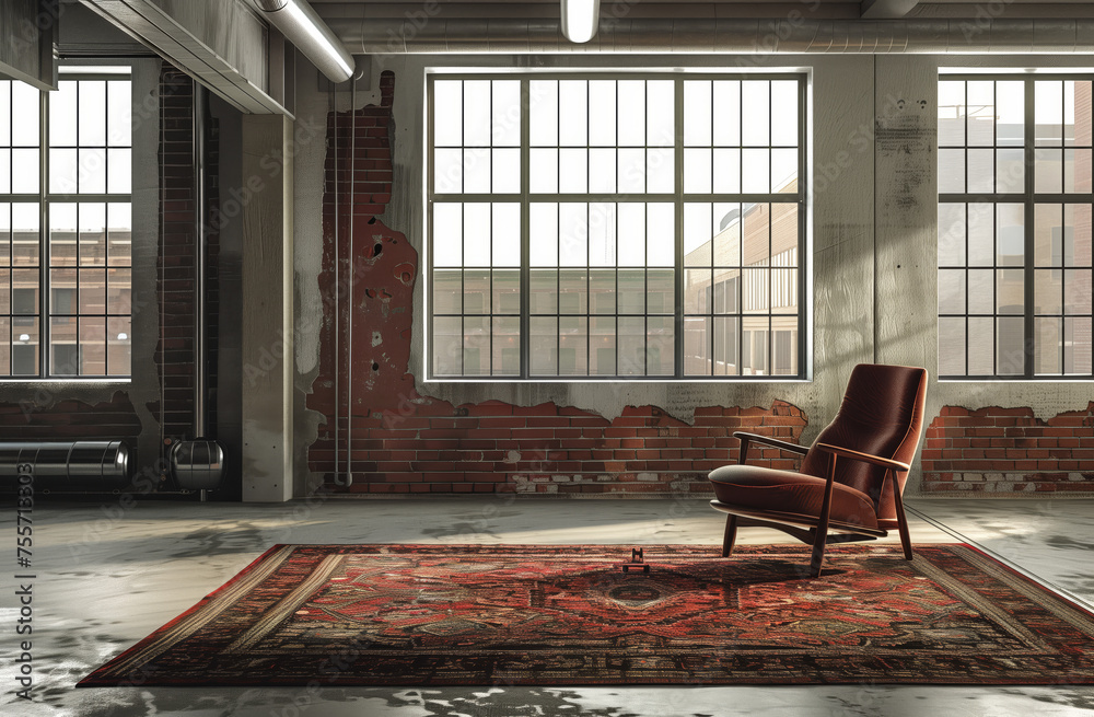 View of Industrial Loft with Vintage Armchair and Rug. Spacious industrial ...