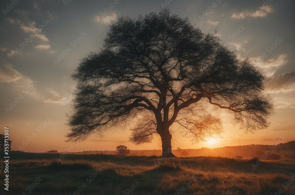 Tree Silhouetted Against Setting Sun in Open Field Tree Silhouetted Against Setting Sun in Open Field