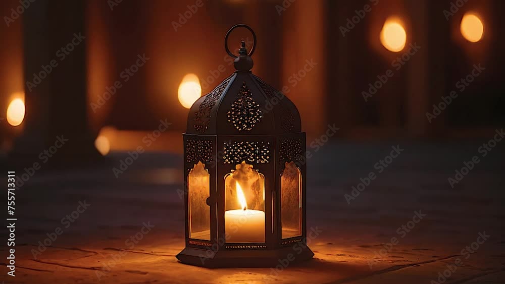 ramadan decoration with arabic lantern and candle in the night