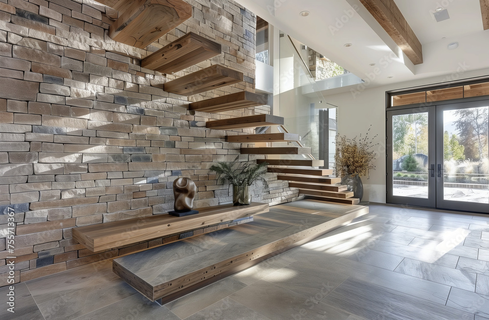 Elegant Floating Wooden Staircase in Modern Home. A bright and airy entryway featuring a modern floating wooden staircase alongside a stone accent wall, with artistic sculptures and natural light.