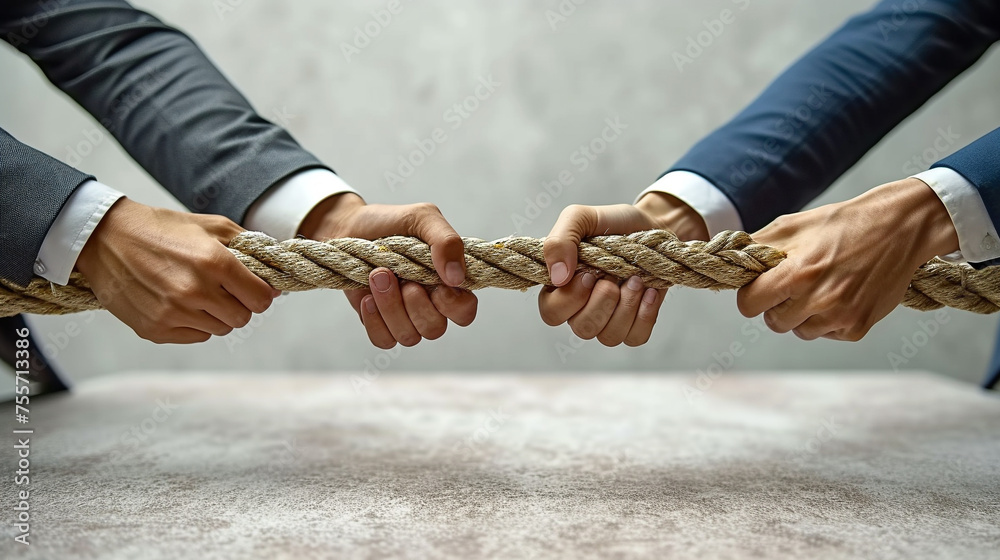 Two businessmen in a suit hold a rope in a tug of war on a gray background - obrazy, fototapety, plakaty 