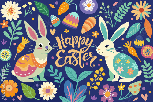 Easter background with bunny and eggs vector illustration