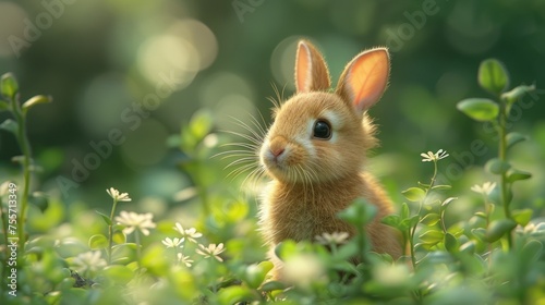 A cute little bunny is sitting in a field of green grass © Vasili