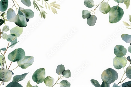 Watercolor green leaves frame. Herbal eucalyptus border. Green leaves and branches on white background. Simple minimalistic design for card. invitation. poster. save the date. wedding or greeting