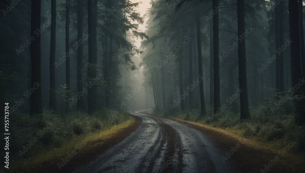 Obraz premium Dirt Road Cutting Through Dense Forest