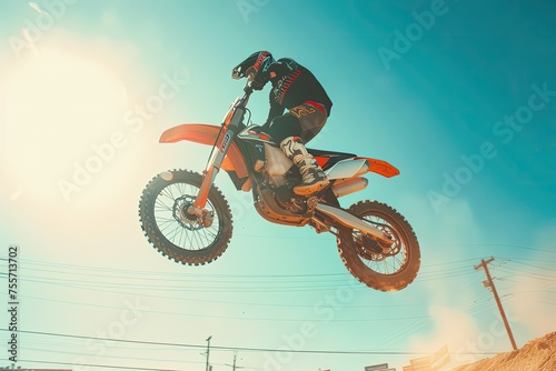 A man is riding a dirt bike and jumping in the air