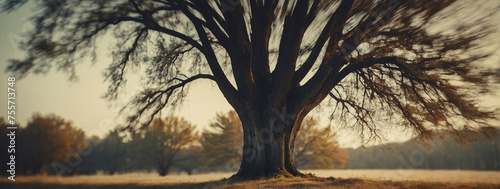 A Tree in a Field at Sunset photo