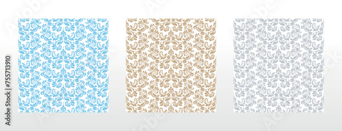 Wallpapers in the style of Baroque. Seamless vector backgrounds. Set of colored floral ornaments. Graphic patterns for fabric, wallpaper, packaging. Ornate Damask flower ornaments
