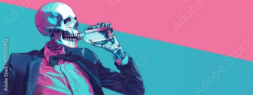 Skeleton in suit drinking hard liquor from the flask on the bright blue and pink background 