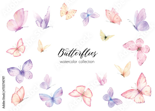 Pink violet butterflies border frame. Watercolor vector floral background. Design for party invitation, birthday celebration, cards, wedding. Spring or summer decoration. Hand painted illustration. © ElenaMedvedeva