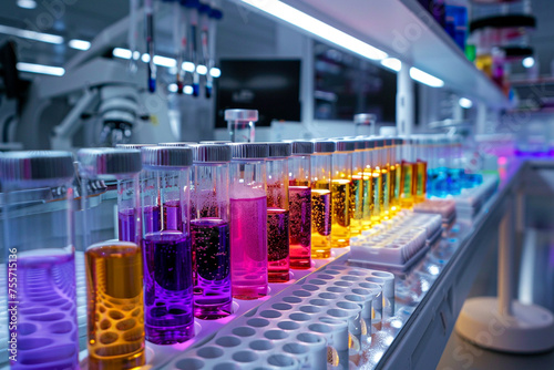Clean sterile genetics lab organized samples in a rainbow of colors modern technology in use